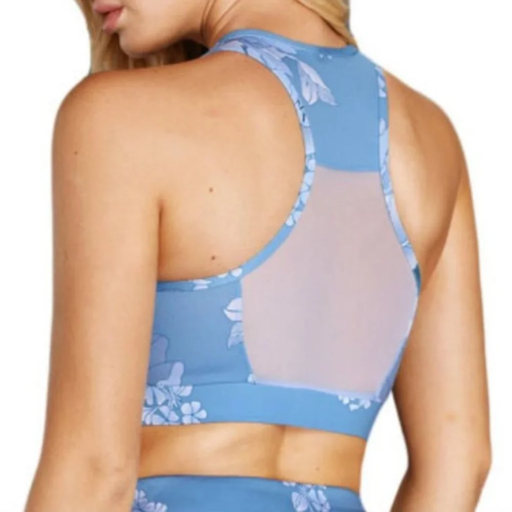 Light Blue Floral Print Gathered Front Lacing Bustier Racerback Sports Bra M